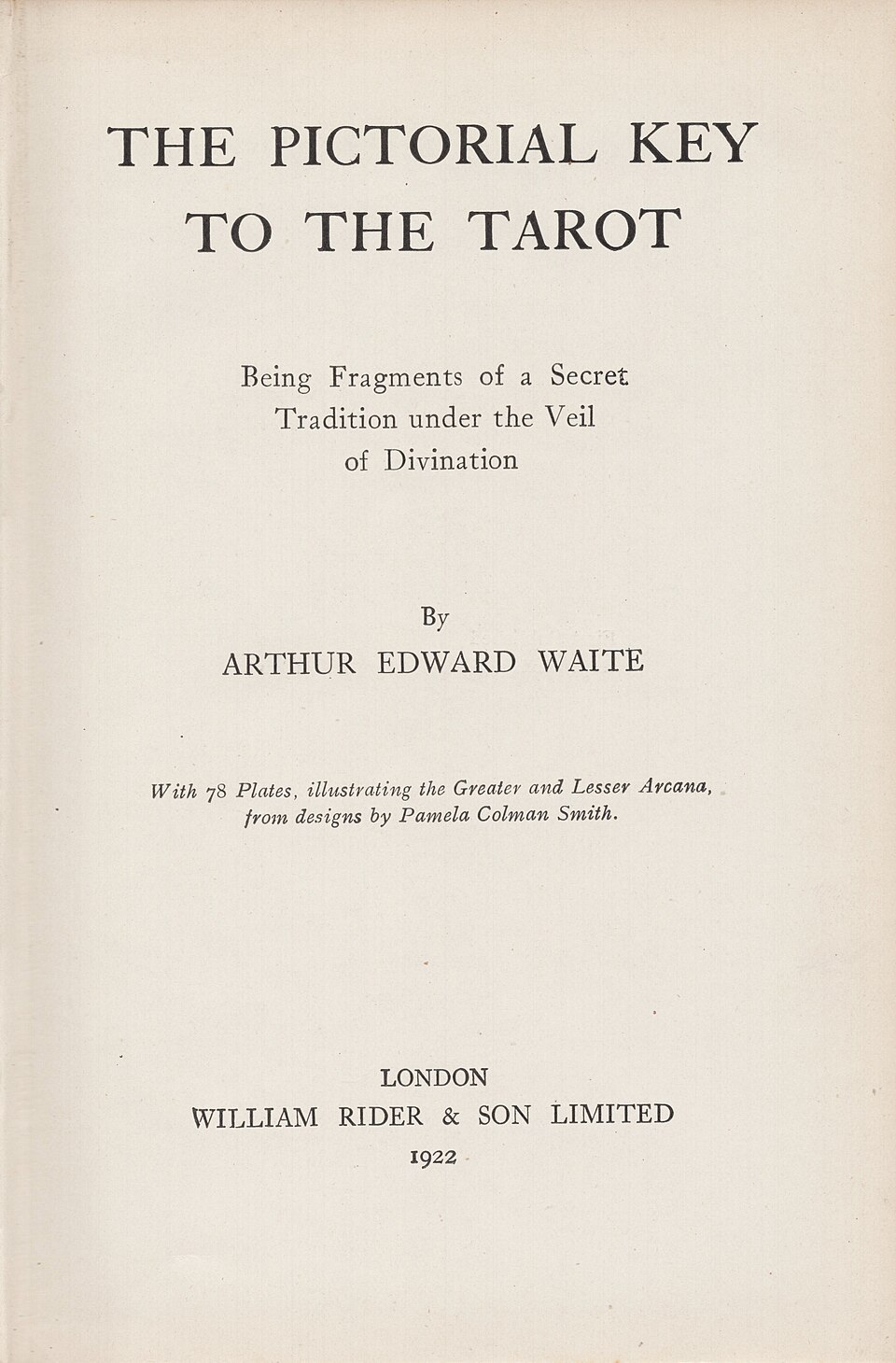 1922 title page of The Pictorial Key to the Tarot from the Rider–Waite–Smith tarot, 1909, public domain