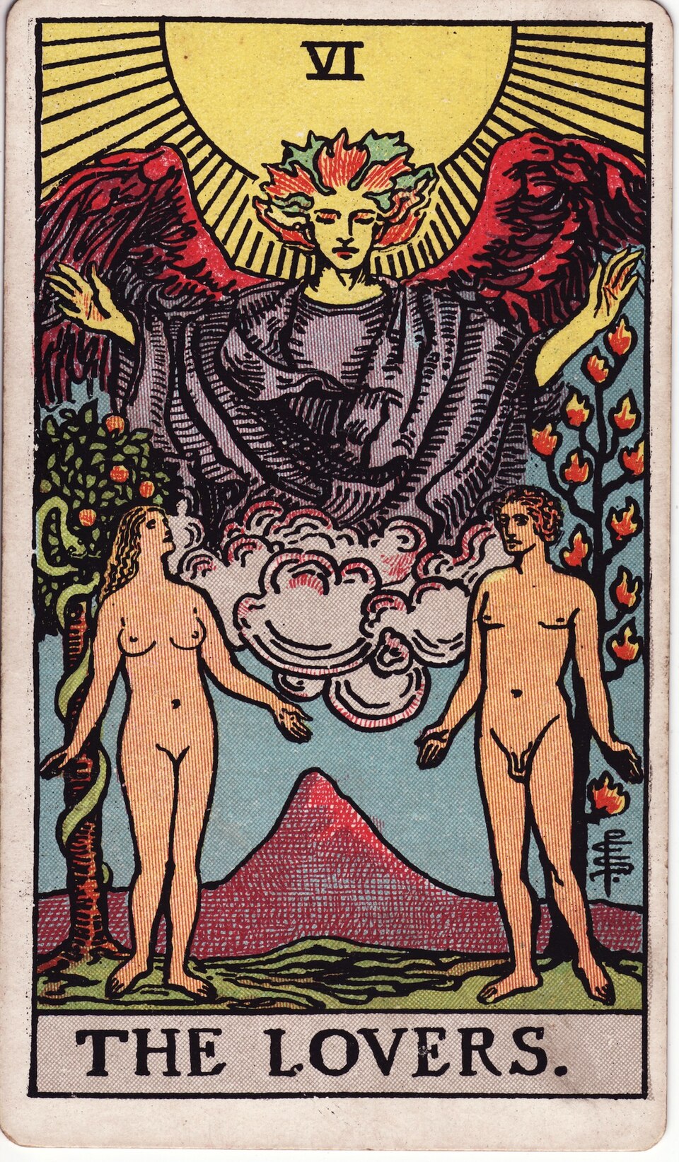 Relationship Spread from the Rider–Waite–Smith tarot, 1909, public domain